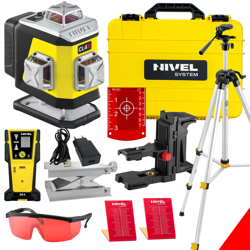 Laser krzyżowy Nivel System CL4R czerwony (4 x 360) + statyw z wysięgnikiem + czujnik CLS-5